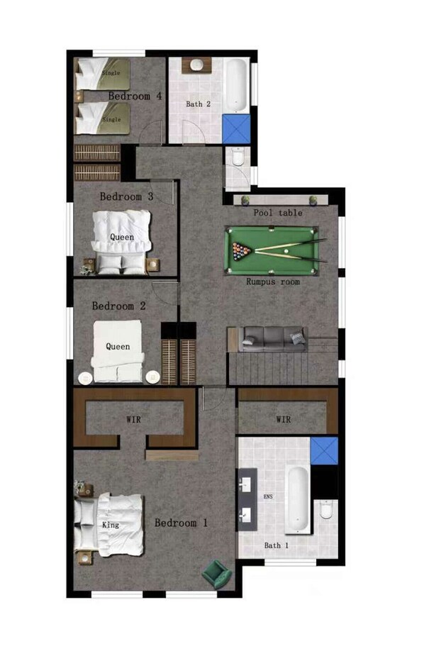 A floor plan of a hotel with four bedrooms, two bathrooms, a pool table, and a WIR room. - StayAU Contemporary 5BRM Families Home Point Cook (Point Cook)