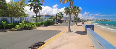 A coastal road with a sidewalk, palm trees, and a beach.