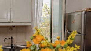 A kitchen with white cabinets, a stainless steel refrigerator, and a window with a view of trees. - Casa Marino (Ciampino)