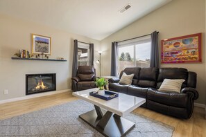 Smart TV, fireplace, books