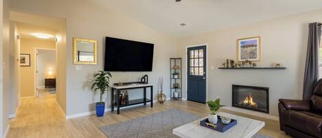 Smart TV, fireplace, books