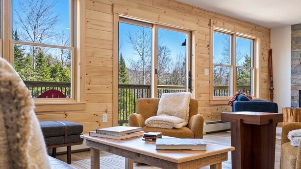 A cozy cabin interior with wooden walls, large windows, a fireplace, and a ski rack. - Pointers Den-Fireplace, Arcade, 2 Primary Suites (Bethel)