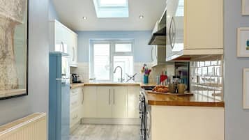 A modern kitchen with a skylight, white cabinets, and a central island.