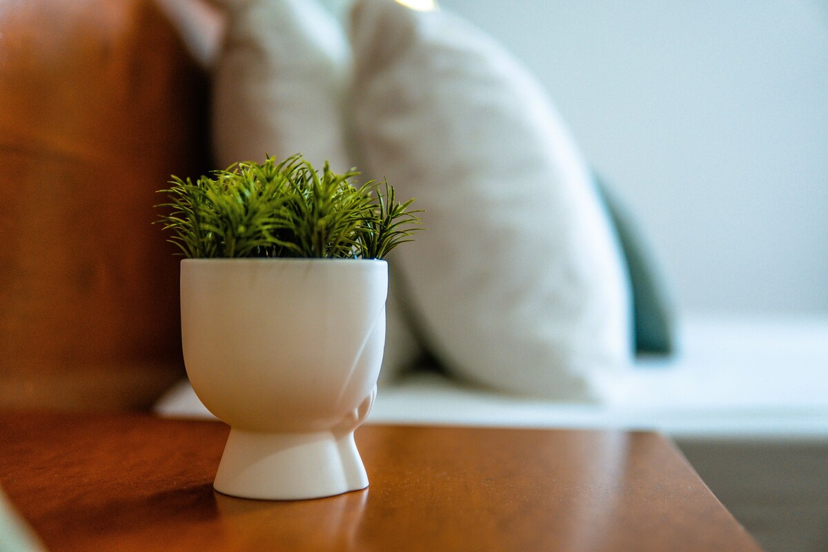 A small white pot with green plants on a wooden surface.