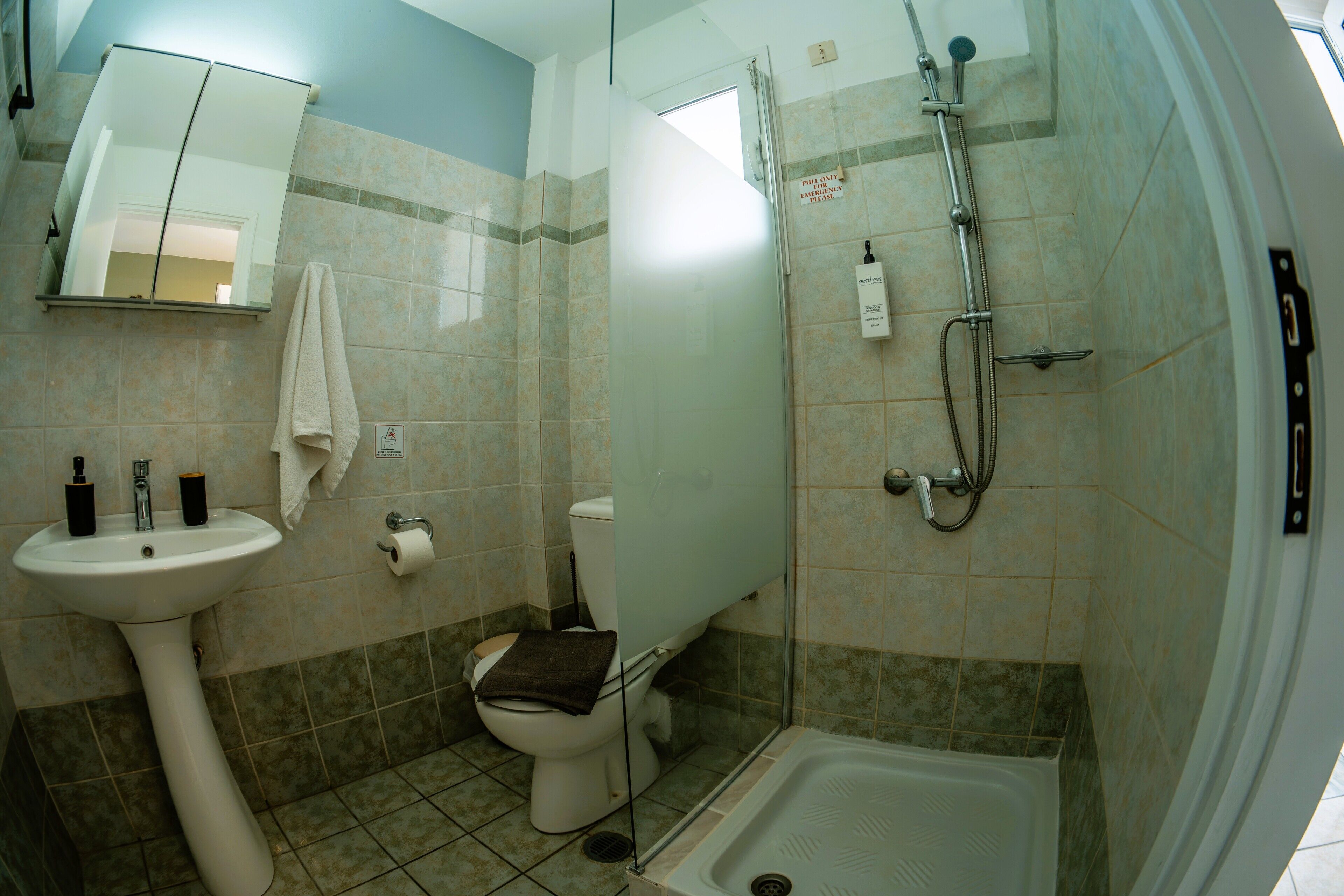 A bathroom with a sink, toilet, and shower.