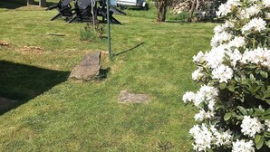 Un césped cuidado con una estructura de piedra, una parrilla metálica y un arbusto blanco con flores.