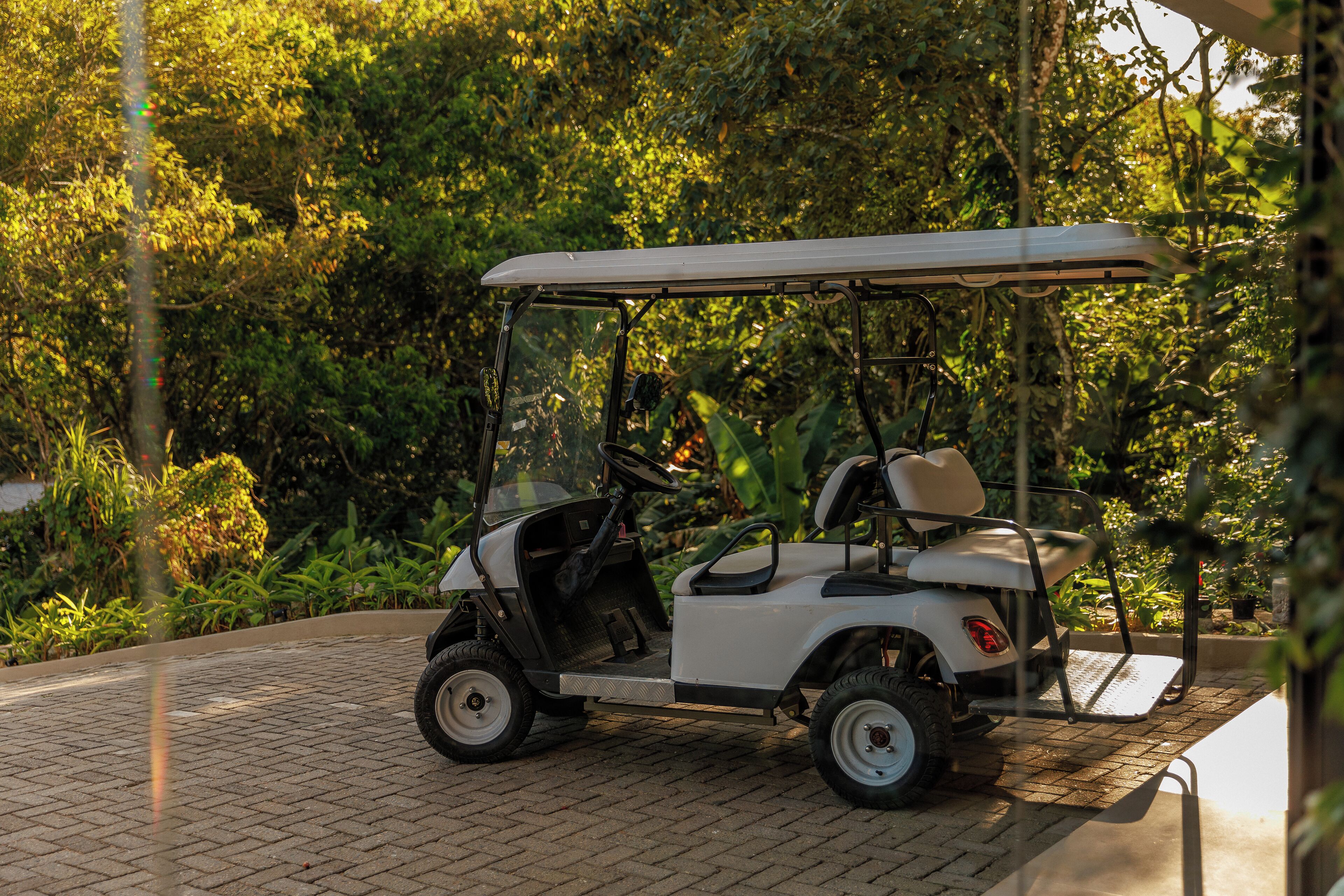 Un véhicule de golf est stationné sur une surface pavée, avec de la végétation en arrière-plan.