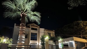 Un edificio moderno con una palmera frente a él, una entrada con portones y un coche estacionado cerca.
