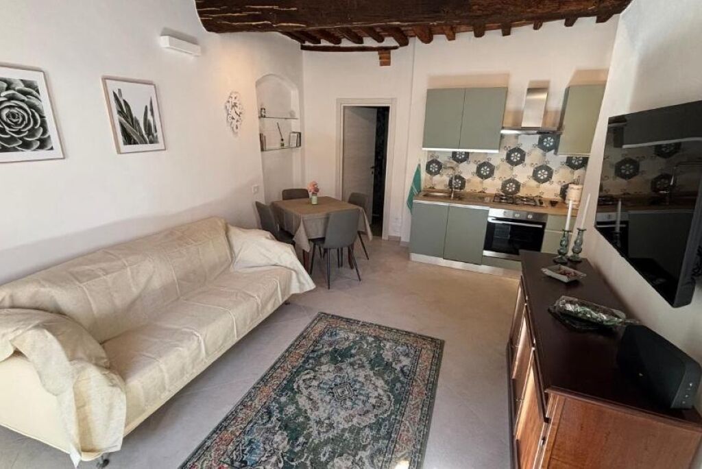 A cozy living room with a sofa, a dining table, and a kitchen area with cabinets and a stove.