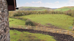 Ländliche Landschaft mit einer Steinmauer, einem eingezäunten Feld und sanften Hügeln im Hintergrund.