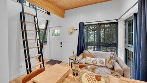 A cozy living room with a wooden ceiling, a sofa with decorative pillows, a coffee table with a glass top, and a ladder against the wall.