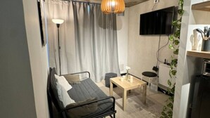 Une petite chambre comprenant un lit, une petite table, une chaise, un téléviseur et une plante.