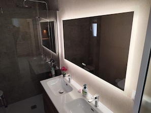 Shower, hair dryer, towels, soap
