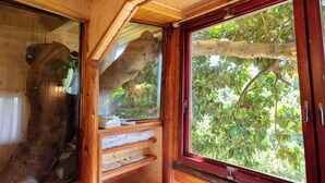 A wooden cabin with a large window overlooking a tree.