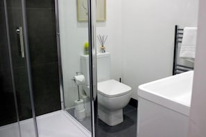 Douche, sèche-cheveux, serviettes fournies, savon