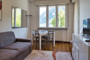 A room with a sofa, a dining table with chairs, a TV, and a window with a mountain view.
