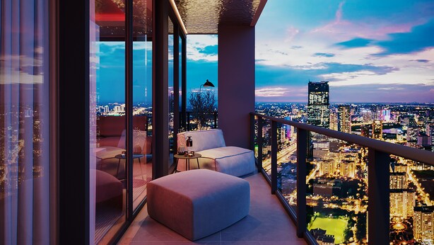 A modern balcony with a city view, glass walls, and contemporary furniture. - Modern 3BR - 3BA Apartment with Breathtaking Views (Miami)
