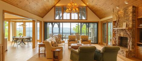 Fireplace, DVD player, books, video library