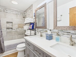 A modern bathroom with a bathtub, a toilet, a vanity with a sink, and a shower area. - Oceanfront Fire Pit, Decks, Large Yard, Views! (Juneau)