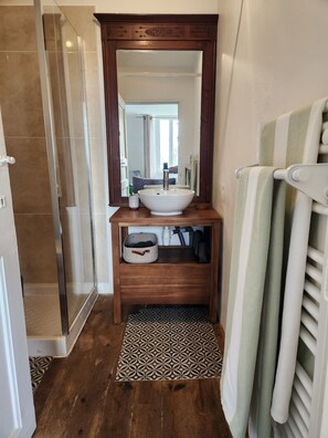 Regadera, secadora de cabello, toallas, jabón 