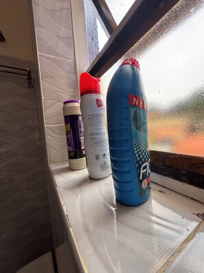 A bathroom window features a bottle of laundry detergent and a container of body lotion on the sill.