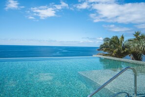 Una piscina azul cristalina con vista al océano y palmeras.