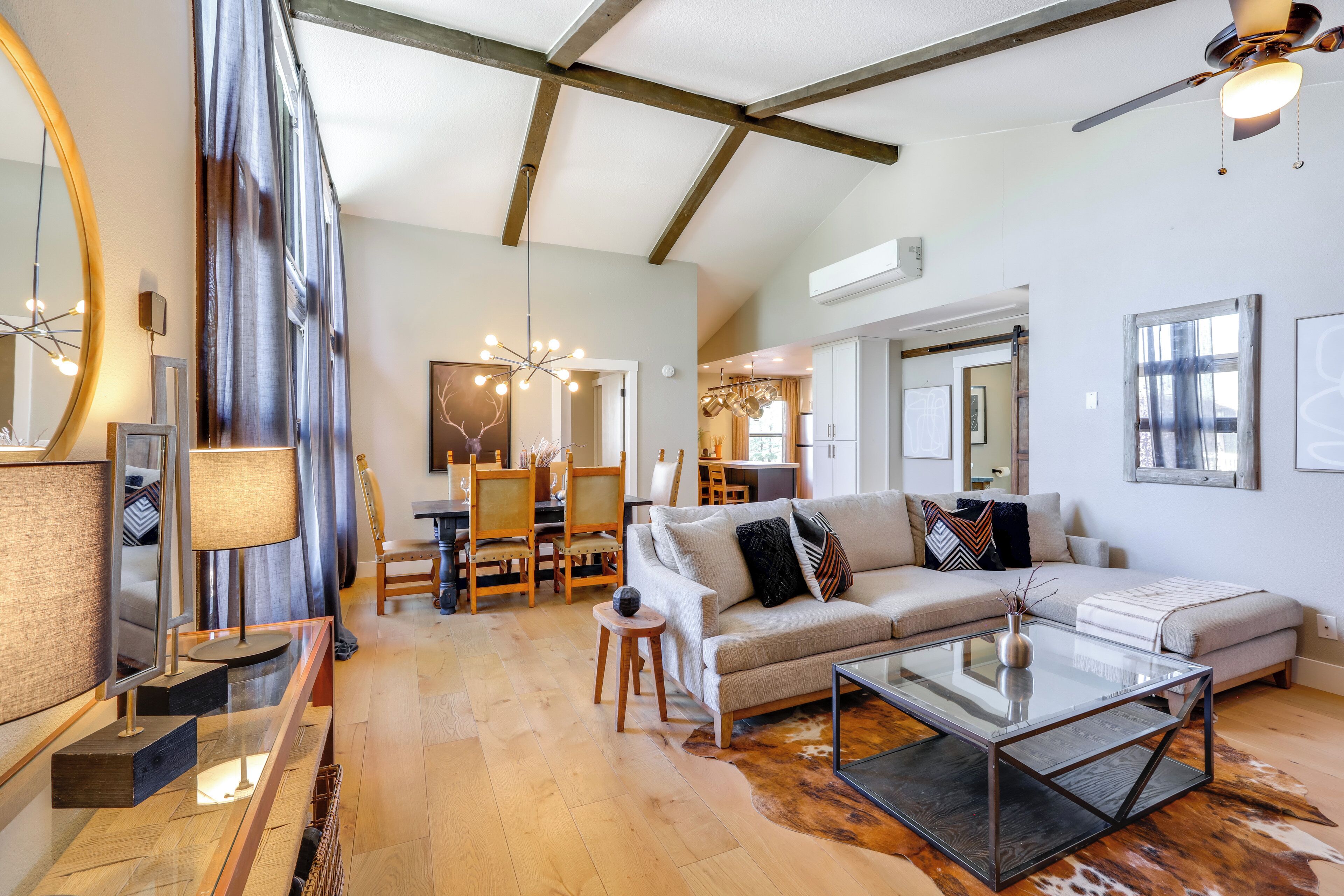 TV, fireplace, books, offices