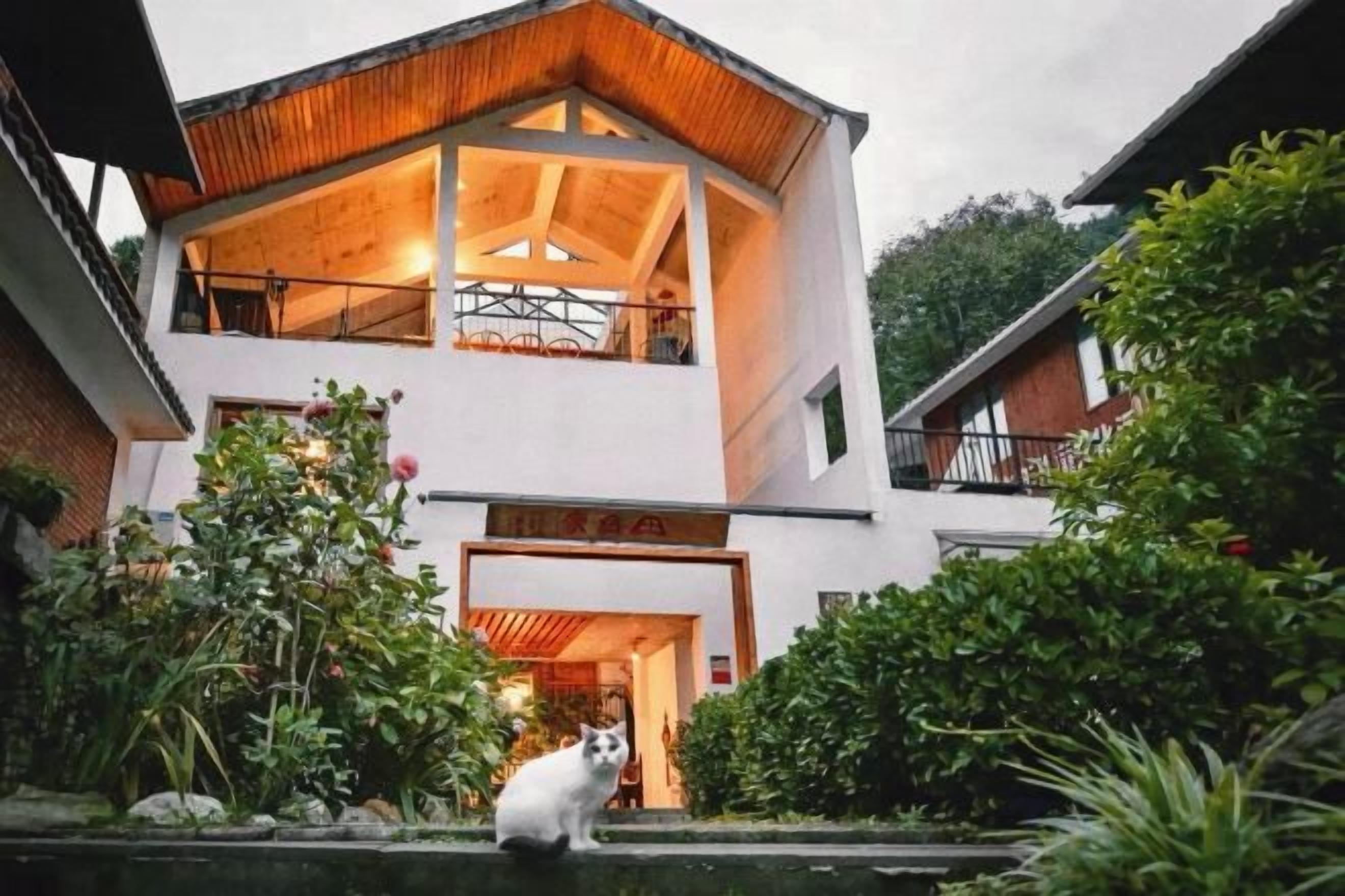 A modern two-story building with a visible entrance and a dog in the foreground.