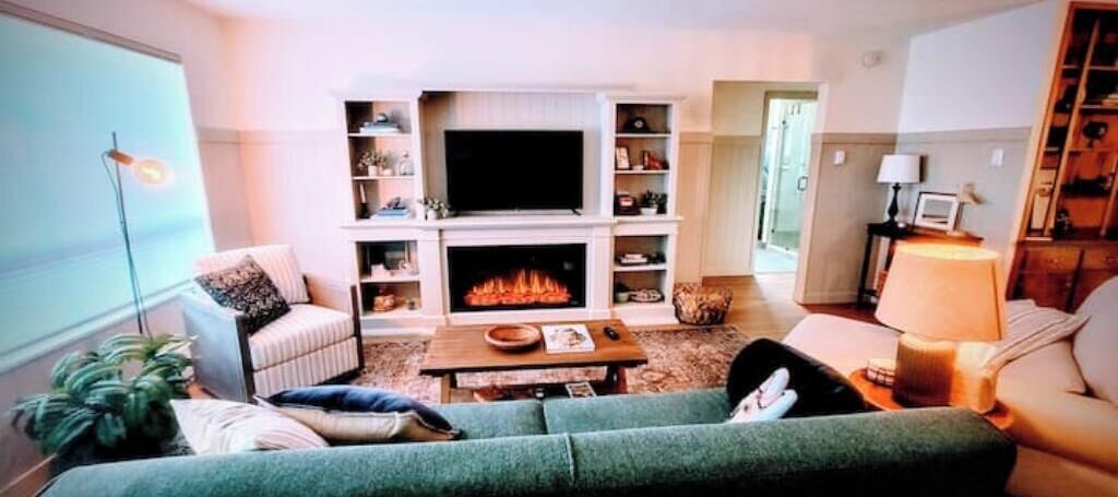 Smart TV, fireplace, video games, DVD player