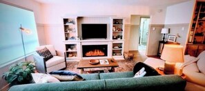 Smart TV, fireplace, video games, DVD player