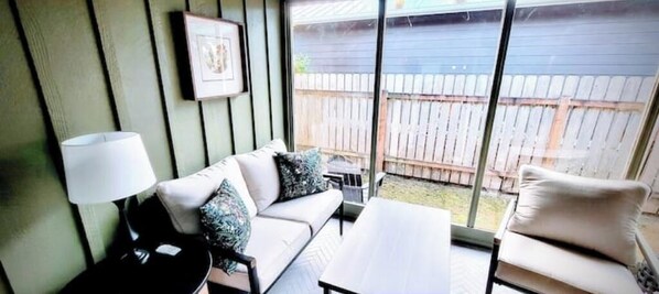 Smart TV, fireplace, video games, DVD player