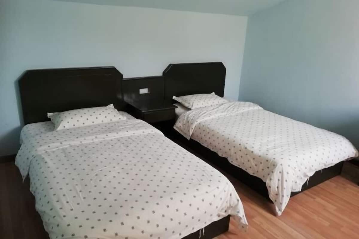 A room with two beds, each with a headboard and a pillow.