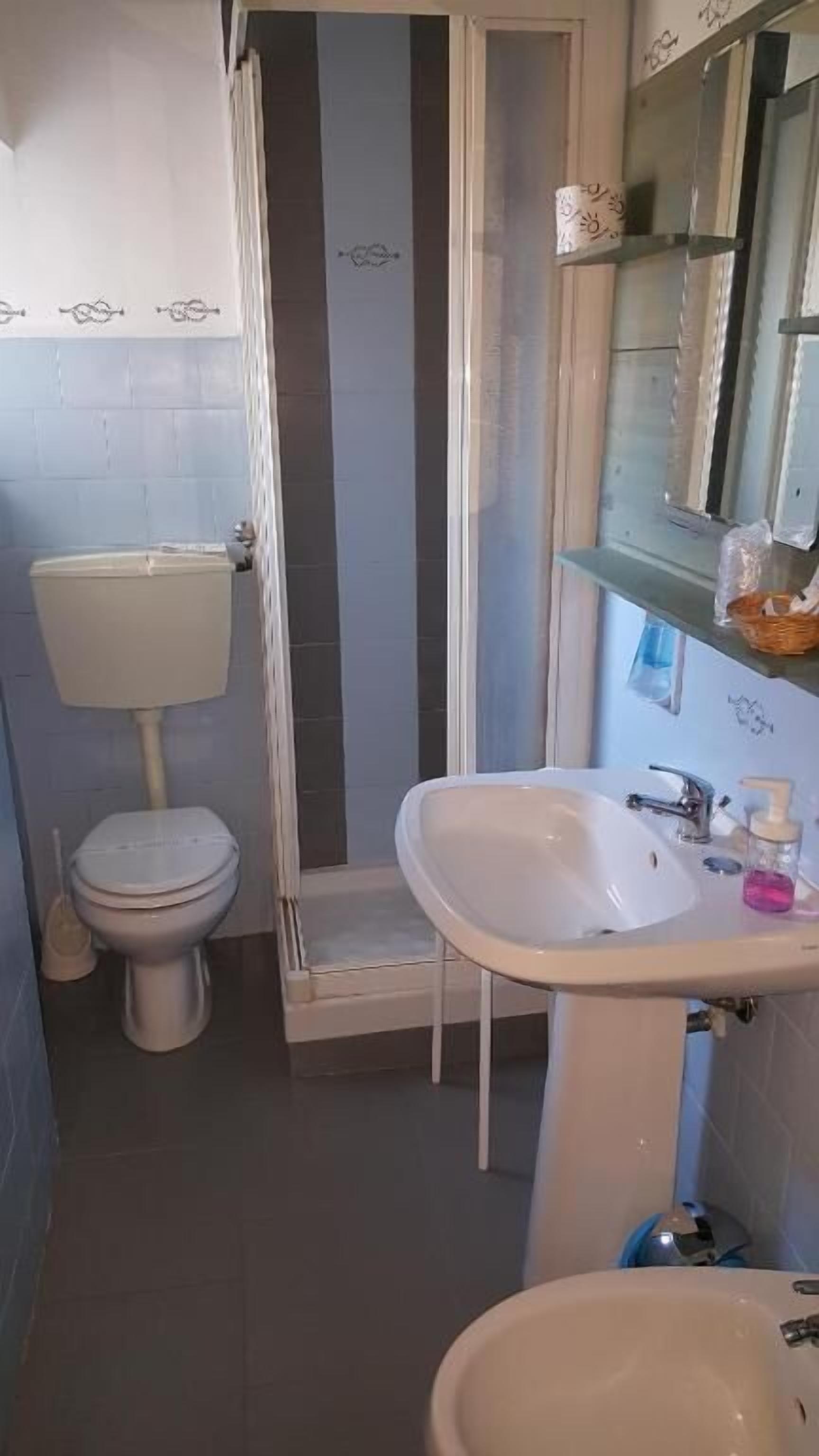 Un baño con inodoro, ducha y lavabo.
