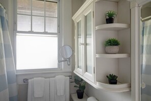 Shower, hair dryer, towels