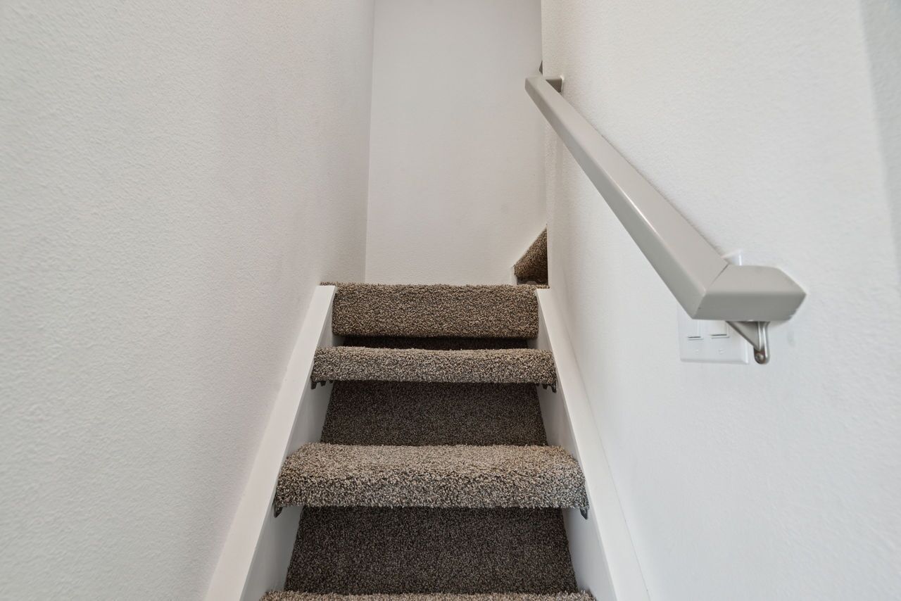 Una escalera con peldaños alfombrados y barandilla.