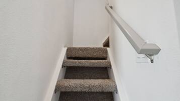 Una escalera con peldaños alfombrados y barandilla.