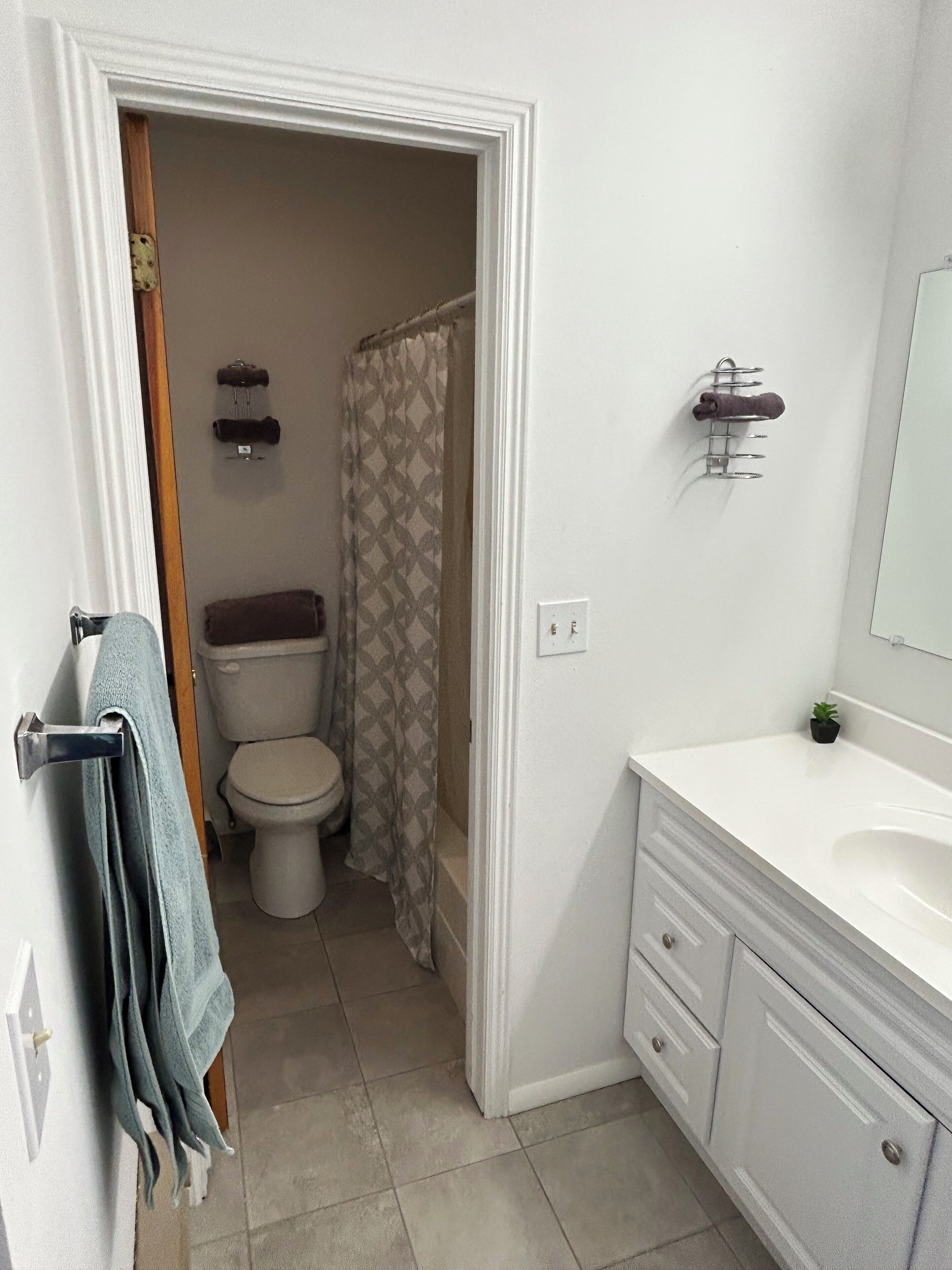Hair dryer, towels, soap, toilet paper