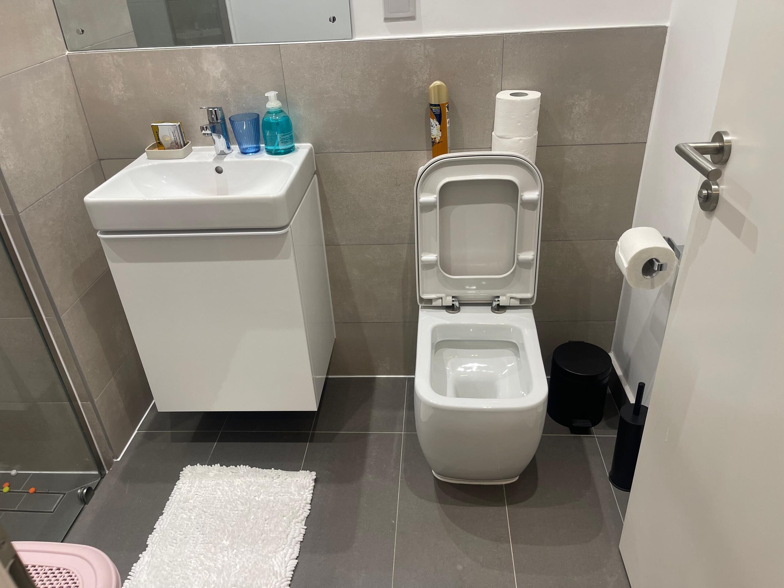 Une salle de bain avec des toilettes, un lavabo et une petite poubelle.