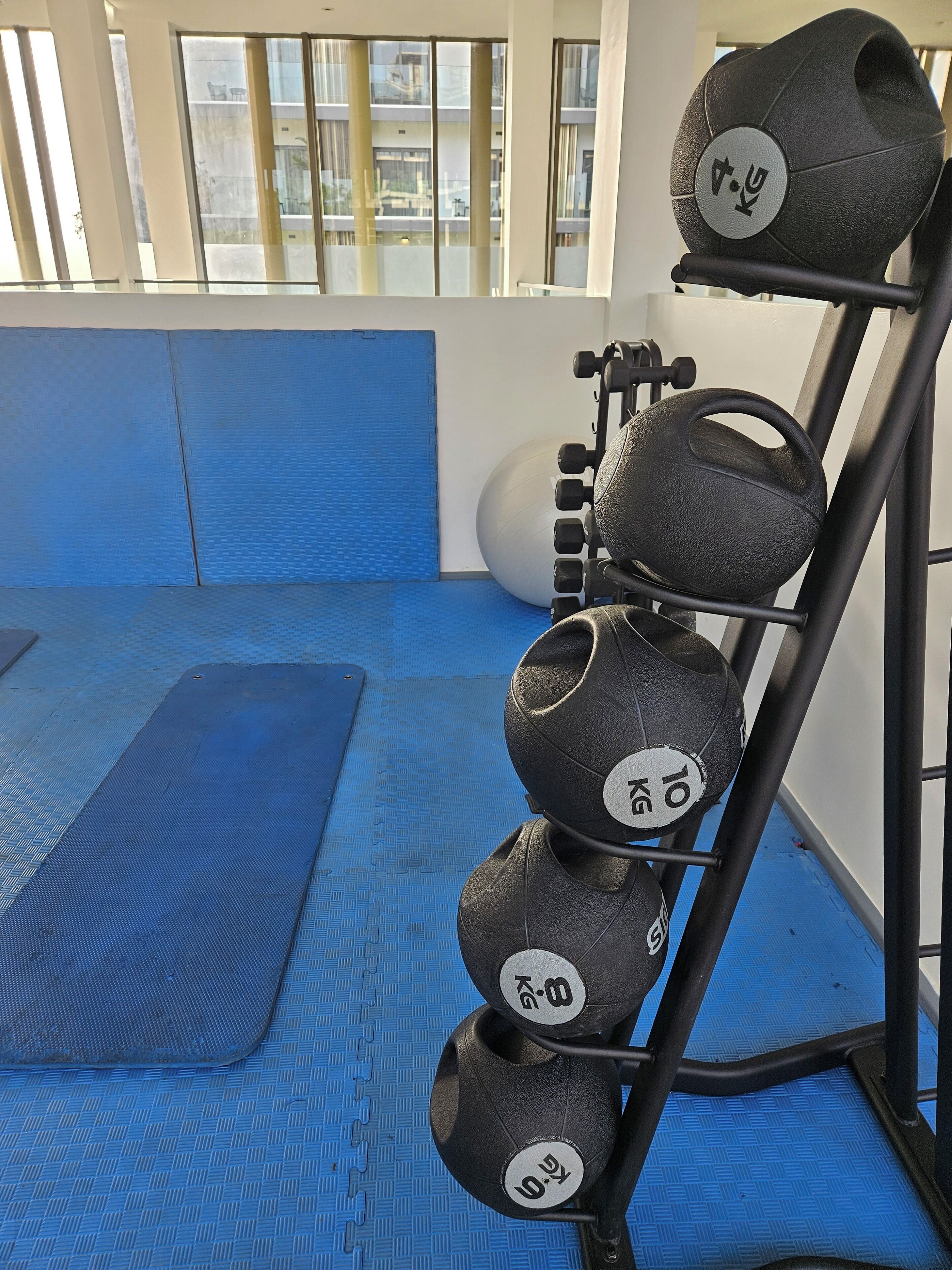 A gym with a rack of kettlebells, blue mats, and a large exercise ball.