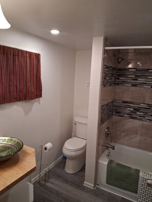 Hair dryer, towels, soap, toilet paper