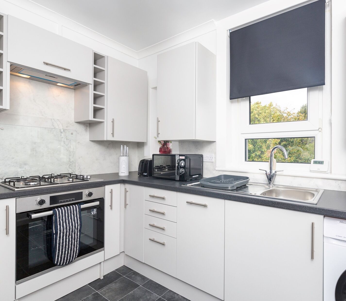 Fridge, microwave, oven, dishwasher