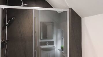 A modern bathroom with a glass-enclosed shower, a sink, and a mirror above it.