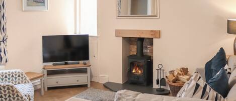 A cozy living room with a television, sofa, and fireplace.