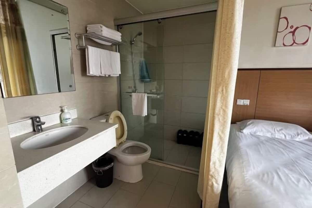 A hotel bathroom with a sink, toilet, shower, and a bed.