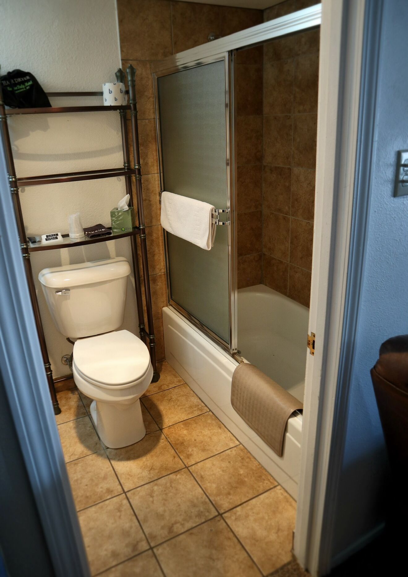 Et badeværelse med toilet, bruseniche og en hylde med toiletartikler.