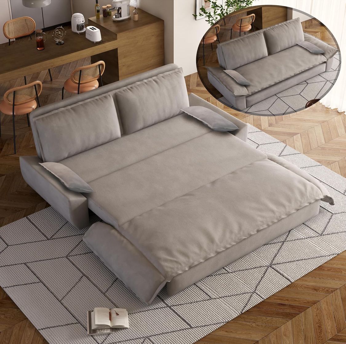 A modern bedroom with a sofa bed, a wooden desk, wicker chairs, and a patterned rug.