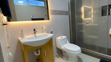 Chuveiro, secador de cabelo, toalhas de banho, sabonete
