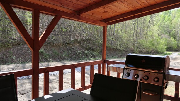 Ein überdachter Außenbereich mit Grill und Tisch, mit Blick auf ein bewaldetes Gebiet.