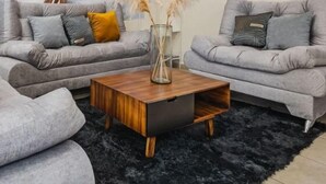 Un salon avec deux canapés gris, une table basse en bois et un tapis noir.