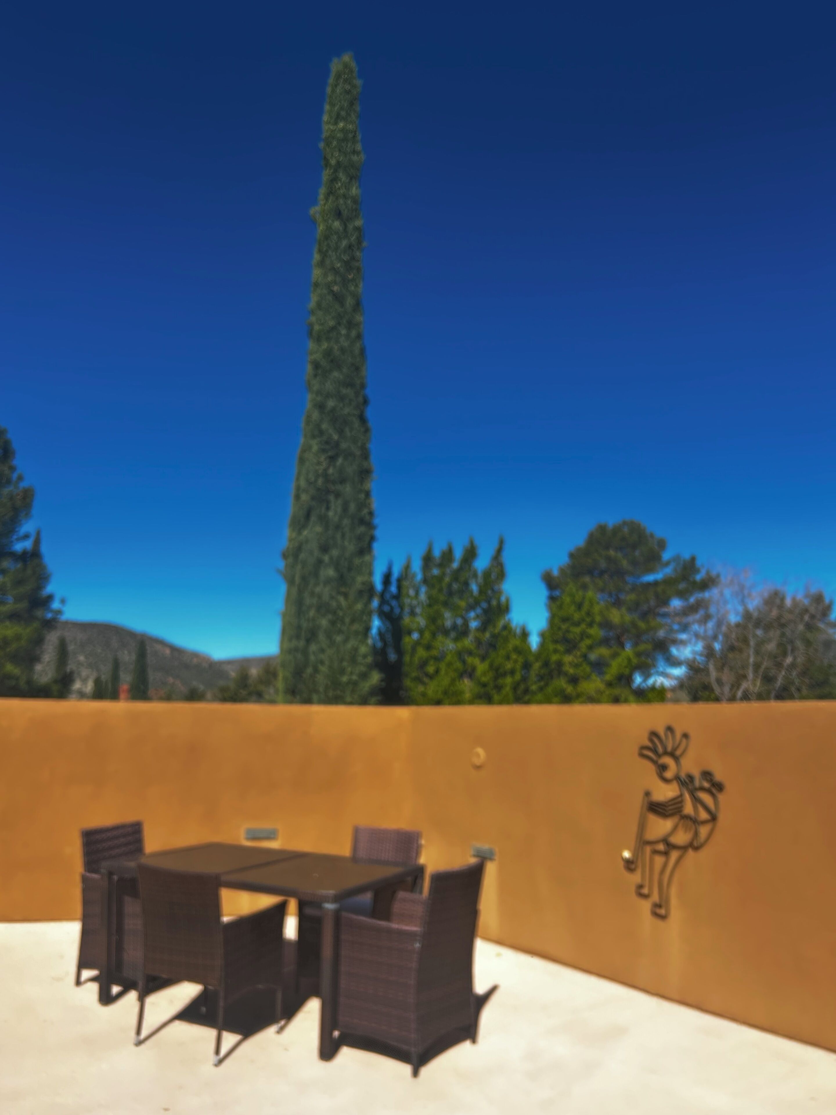 An outdoor patio with a table and chairs, a tall tree, and a wall with a deer mural.